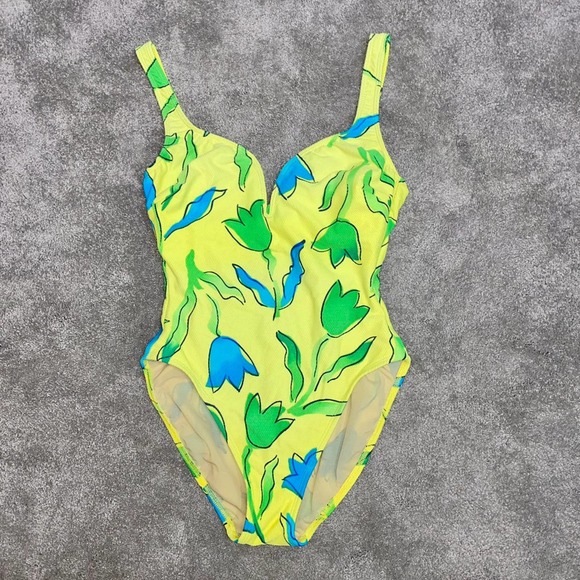 L 12 VTG La Blanca One Piece Textured Low Back Neon Bright Flower Print Swimsuit - Picture 2 of 9